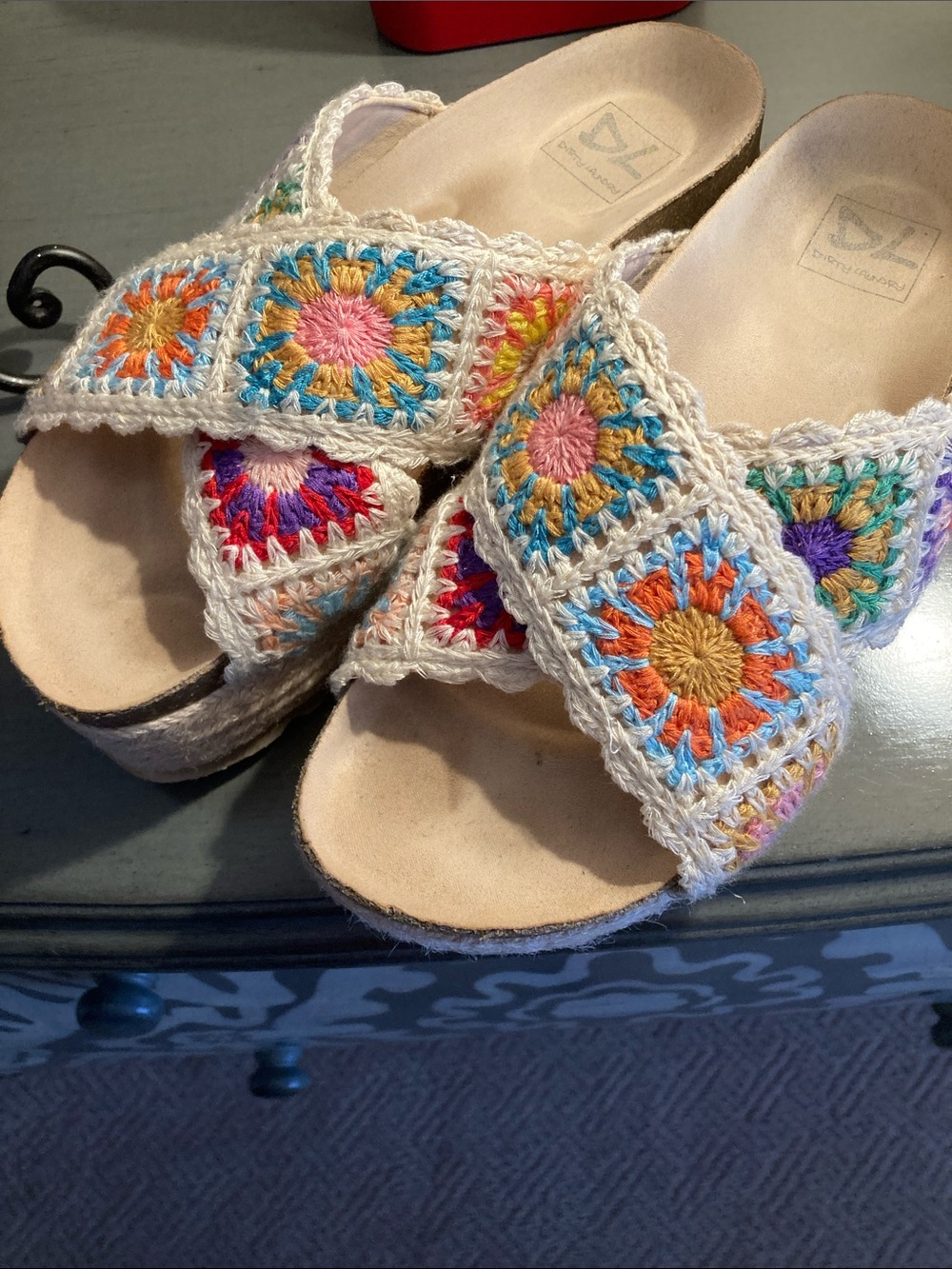 Dirty Laundry Crochet Slide Mules in Cream with Multicolor Sunburst Squares